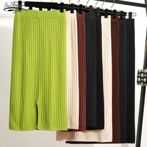 Knitted Hip Skirt Women 2021 Spring Winter Elastic High Waist Skirt Solid Office One-Step Mid-Length Pleated Ladies Skirts 10369