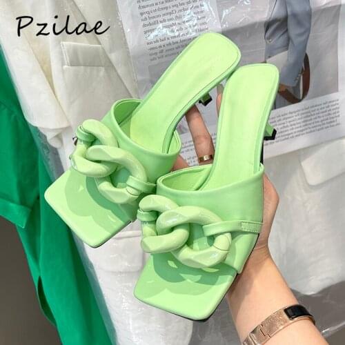 Pzilae 2021 Candy Colors Summer Slippers Fashion Chain Design Women Sandals Thin Heel Open Toe Mule Shoes Ladies Slides Green