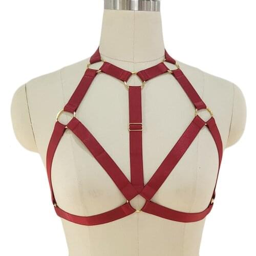 Red Gold Ring Pole Dance Harness Belt Sexy Gothic Rave Cage Bra Bralette Body Harness Lingerie Women Fetish Bondage Bra