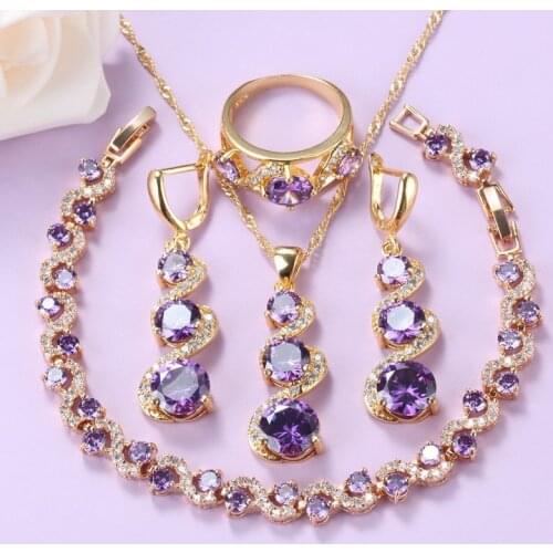 Natural Crystal Costume Wedding Jewelry Sets Long Earrings Necklace Pendant Bracelet And Ring 6-Colors Women Gold-Color Sets