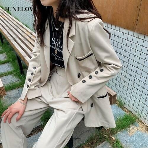 JuneLove Korean Loose 2 Piece Outfits Vintage Long Sleeve Solid Blazer With Belted Pants Casual Business Set Womens Office Suit