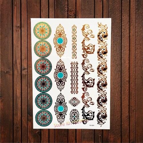 1PC Dazzling Gold Metallic Tattoo Round Pattern Jewelry Design Body Art Temporary Tattoo Sticker Waterproof Henna Tatoo AYH-081