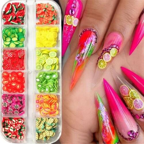 12pcs/ 1 box of 3D fruit flowers nail art decorations mixed style colorful nail glitter watermelon orange strawberry design