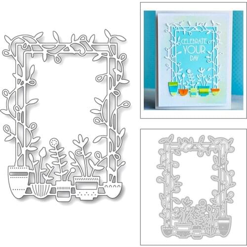 2020 New Rectangle Frame Potted Plants Flower and Leaf Embossing Metal Cutting Dies For Scrapbooking Album Greeting Card Making