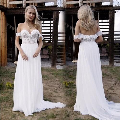2021 Cheap White/Ivory Off Shoulder Chiffon Beach Wedding Dresses Simple Boho Bridal Gowns With Sweep Train Robe Mariage