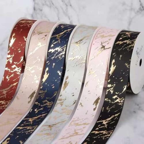 25mm Gift Ribbon Satin Marble/Crack Gold Foil Printed For Gift Wrapping Home Decor Handmade Hair Bow Material DIY Craft Ribbon