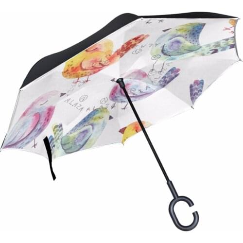 Watercolor Birds Reverse Umbrella Windproof Long Shank Inverted Double Layer Creative Self Stand Rain Protection Umbrella