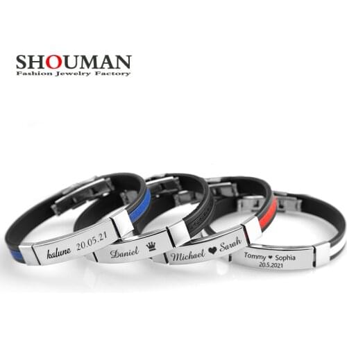 SHOUMAN Personalized Record Bracelets for Men Customize Engrave Lover Name Date Stainless Steel Classic Bangle Gift