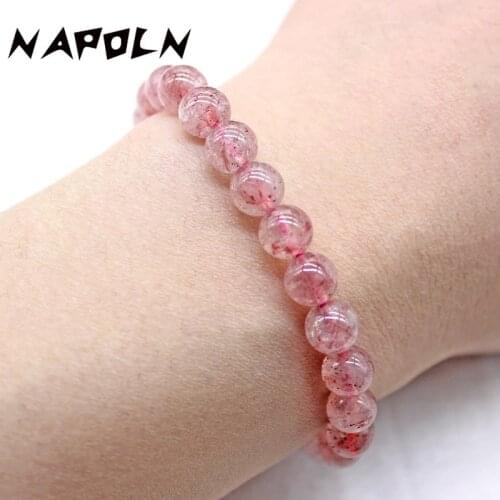 NAPOLN 8mm Strawberry Quartz Beads Bracelet For Women Natural Crystal Simple Bracelets Elastic Energy Gift Bijoux