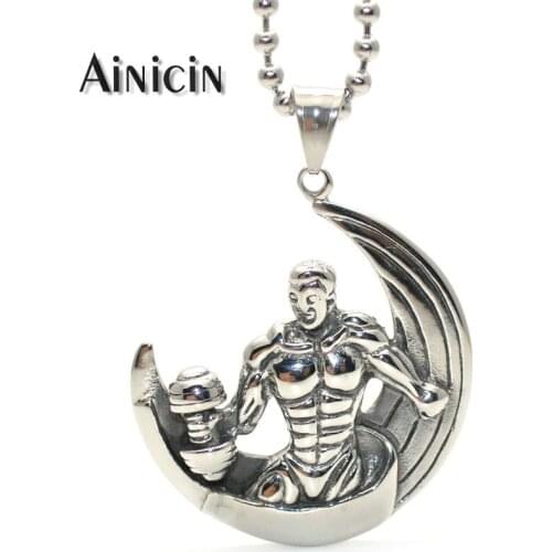 New Moon Crescent Shape 316L Stainless Steel Muscle Men With Dumbbell 43mm Big Size Pendant Necklace 20'' Chain Fashion Jewelry