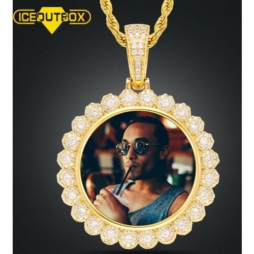 ICEOUTBOX Flower Shaped Custom Made Photo Solid Pendant Necklace Personalized Cubic Zircon For Women Mens Hip Hop Jewelry Gifts