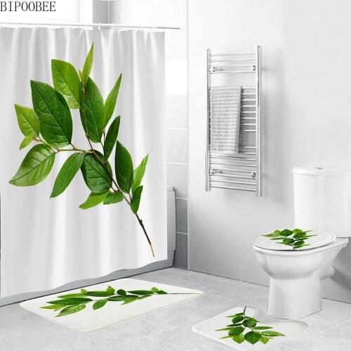 3D Green Plants Printed Toilet Cover Bath Mats Rugs Leaves Waterproof Modern Shower Curtain Bathroom Curtains with Hooks