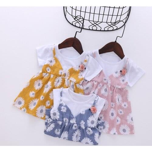 Childrens Clothing Girls New Dress Summer Korean Version Fake Two-piece Girls Short-sleeved Sling Baby Dress For Sale Promotion