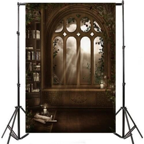 Laeacco Old Palace Bookshelf Arch Window Photography Backdrops Halloween Photo Backgrounds Baby Portrait Photophone Photozone