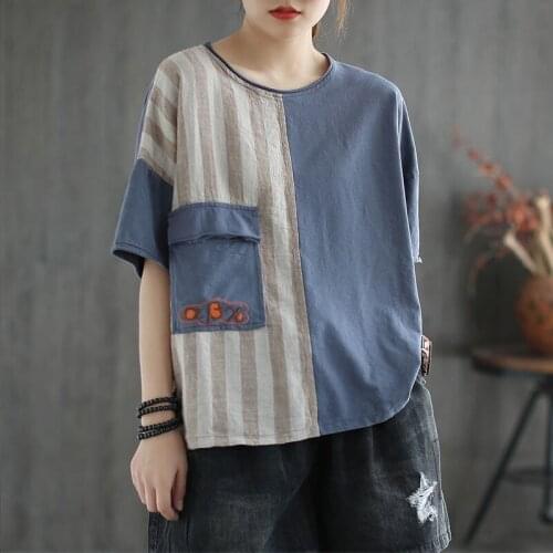 Cotton Embroidered Short Sleeve T-shirt Female Summer New Retro Style Large Size Loose Embroidery Pocket Patchwork Top