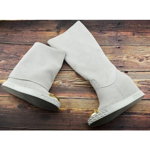 Ins Hot Woman Rim Chains Metal Toe Knee Boots Inner Wedge Heel Height Increasing Woman Foldover Suede Two Wear Slip On Boot