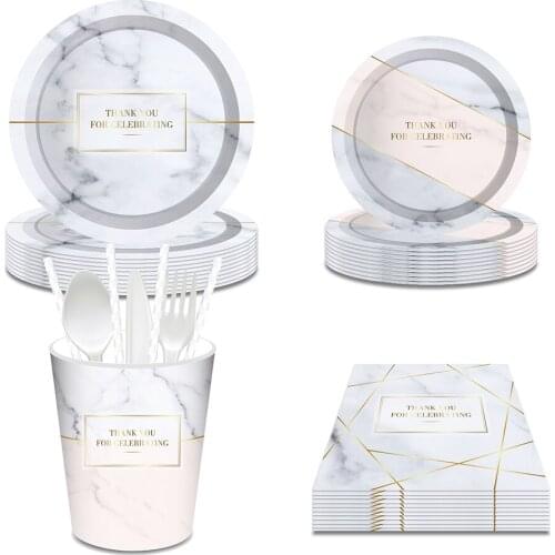 Stone Marble Design Thank You For Celebrating Happy Birthday Party Disposable Tableware Sets Plates Cups Napkins for 8 Guests