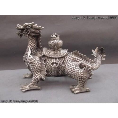 China Palace White Copper Silver Feng Shui Evil wealth beast Kirin Dragon Statue Garden Decoration Bronze Buddha Healing statue