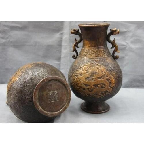 Chinese Royal Palace Copper Bronze FengShui Dragon Aquarius Bottle Pot Vase Pair