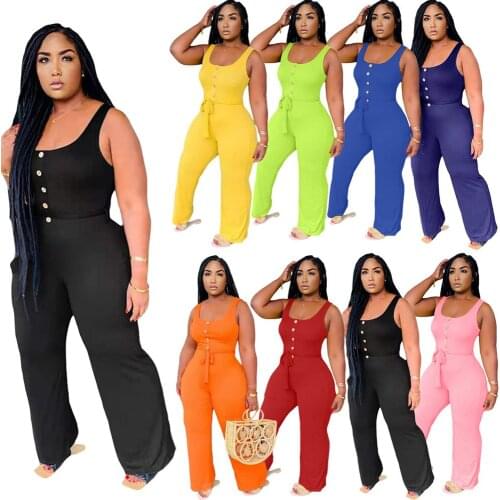Buttons Up Straight Rompers Womens Jumpsuit Crew Neck Sleeveless Wide Leg Bodysuits Summer High Waist Sashes Full Length Overall