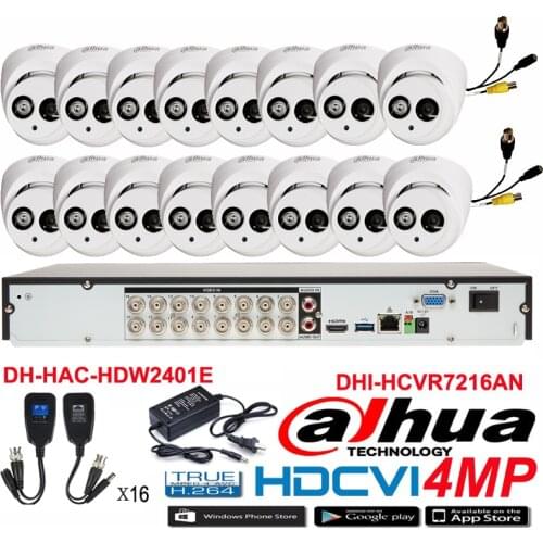 Original DAHUA 4MP Waterproof Camera DH-HAC-HDW2401E CVI Dome camera with 16CH Digital CVR DHI-HCVR7216AN security camera kit
