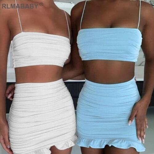Summer 2 Piece Set Women Bodycon Dress Spaghetti Strap Crop Top And Ruffles Skirts Sexy Set Night Club Party Outfits Dress Short