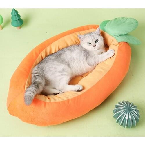 Cute Pet Cat Bed Warming Soft Carrot Pet Cage Washable Cushion Dog Nest Non-slip Comfort Winter Plush Kennel for Kitten Rabbit