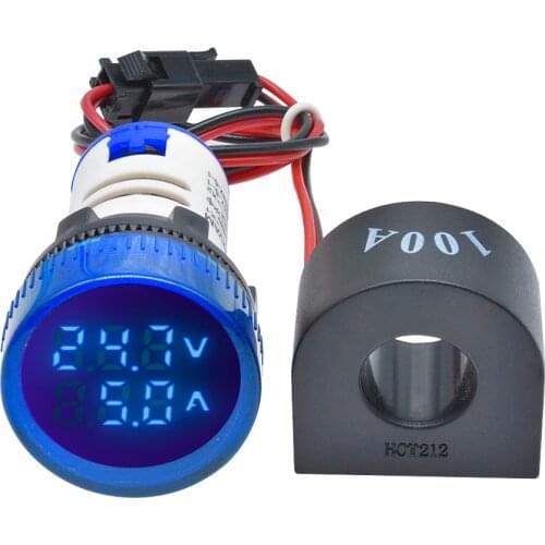 22MM Round Mini LED Digital Display AC Voltage and Current Meter 0-100A 50-500V Blue Green Yellow Red White