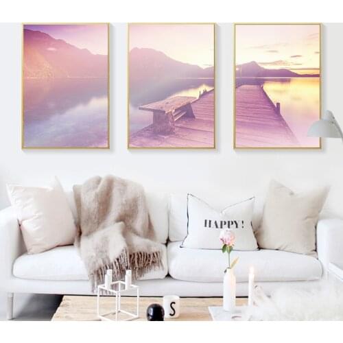 Wall Art Canvas Painting Prints Posters Pink Ocean Mountain Landscape Home Decorative Painting Wall Pictures Living Room Decor