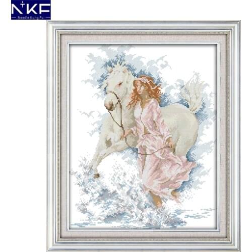 NKF The Girl Walk with Her Horse Cross Stitch Embroidery Stamped Kits Cross-stitching Needlework Handmade Chinese Cross Stitch
