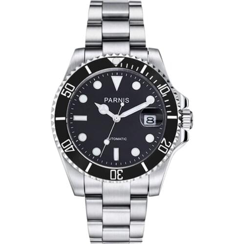 New Parnis 40mm Black Bezel Mens Automatic Mechanical Watch Ceramic Diving 100m Steel Miyota 8215 Movement Mens Watches 2019