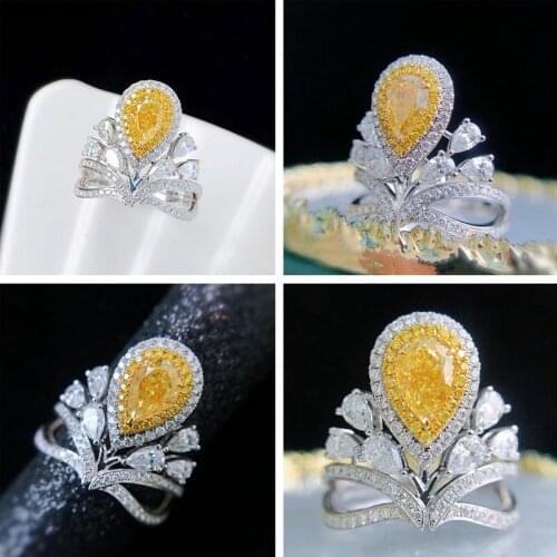 New Luxury Crown Rings With Water Drop Yellow Crystal Zircon High Grade Jewelry For Women Wedding Party Exquisite Accessories
