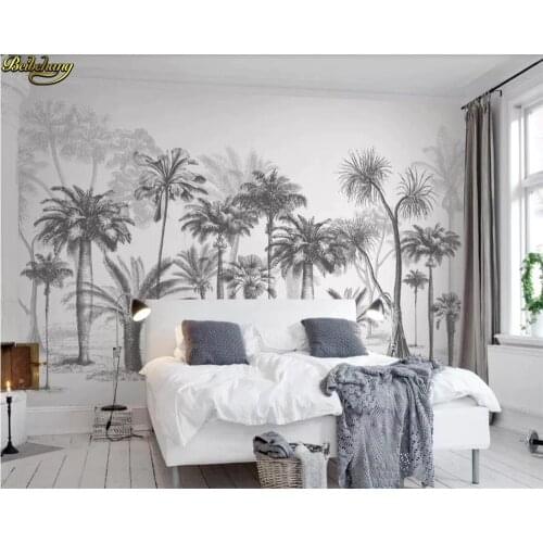 Beibehang Custom Wall paper Mural Black and White Sketch Tropical Rainforest Coconut Tree Nordic TV Sofa Background 3d Wallpaper