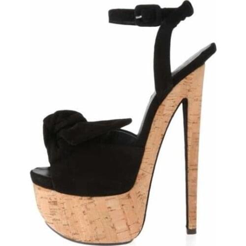 Sexy Black Knot Bowtie Wooden Platform High Heels Women Sandals Cut-out Peep Toe Ankle Strap Gladiator Ladies Shoes and Sandals