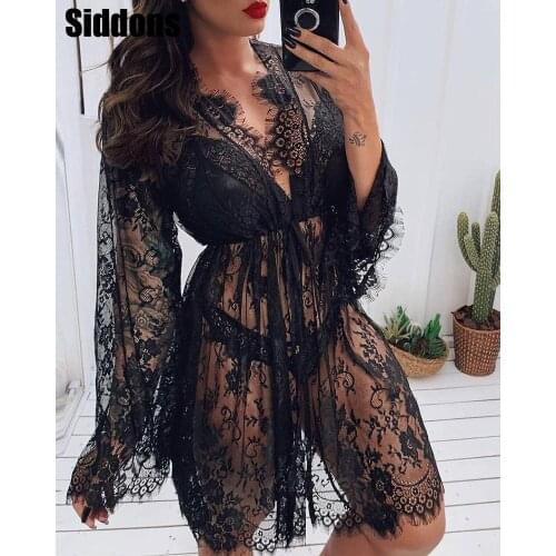 See Through Sexy Women Black Lace-Up Bra Sets Eyelash Crochet Lace Sheer Mesh Lingerie & Robe Set For Women