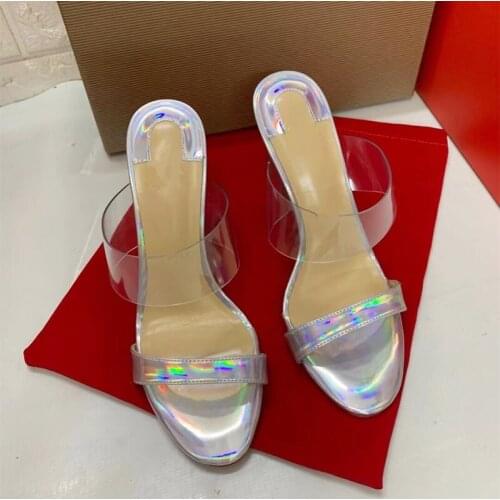 Casual Designer fashion womens shoes silver peep toe strappy stiletto stripper High heels slip on sandals Slipper muler