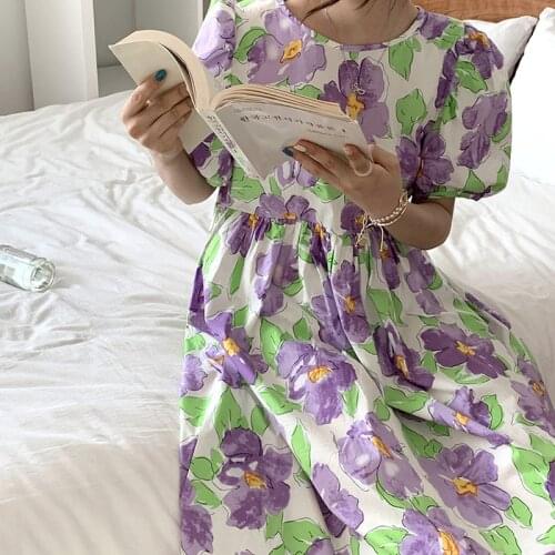 Korean Chic 2021 Summer Dress Chiffon Flower O-neck Puff Sleeve Midi Dress Sweet Cute Princess Purple Dresses Vestidos 15714
