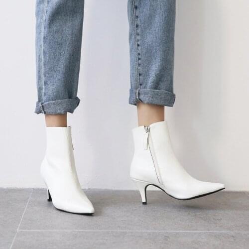 All-match Fashionable Boots Black White Brown Pointed Stiletto High Heels 6CM/8CM Leather Zipper Short Boots Women Size 33-42