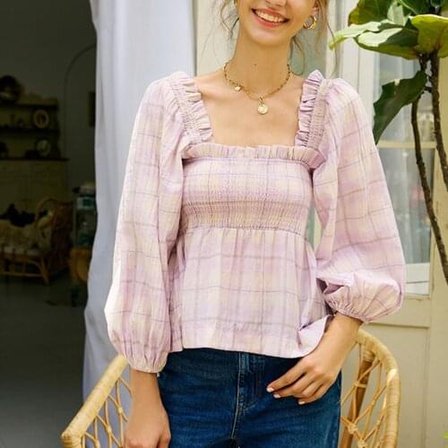 Plaid Print Womens Blouse 2021 New Summer Ladies Square Collar Long Lantern Sleeve Simple Shirt and Tops