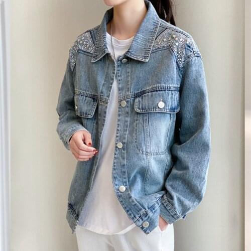 Oversized Fashion Denim Jacket Womens Diamonds BF Female 2021 Spring Autumn Casual Loose Cowboy Casual Jeans Coat Female A779