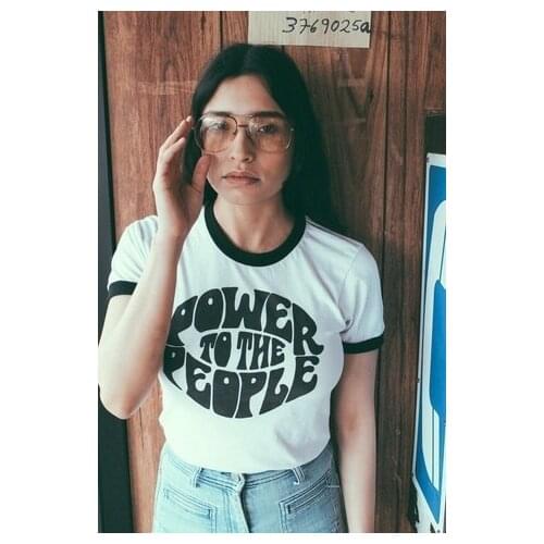 Women Clothing Vintage Style Power To The People Slogan T-Shirt Summer Casual Ringer Tee Equality Justice Feministe Tops-J076