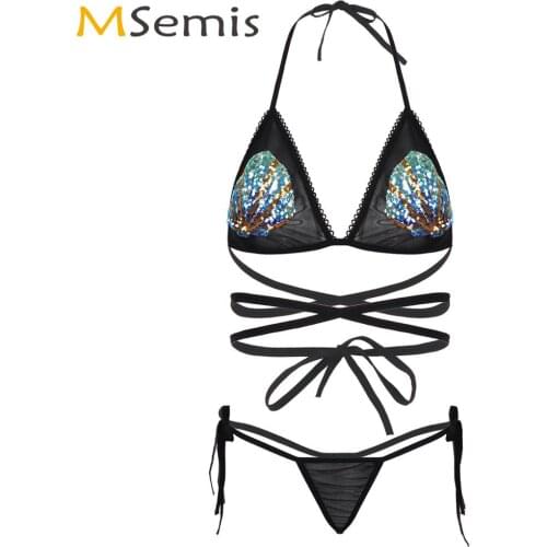 MSemis Women Shiny Sequin Shells Lingerie Set Erotic Mermaid Sheer Mesh Strappy Mini Bikinis Halter Bra Top with G-string Briefs