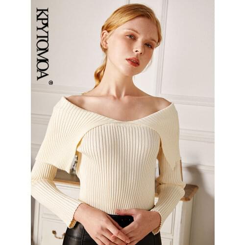KPYTOMOA Women 2021 Fashion With Exposed Shoulders Fitted Knitted Sweater Vintage V Neck Long Sleeve Female Pullovers Chic Tops