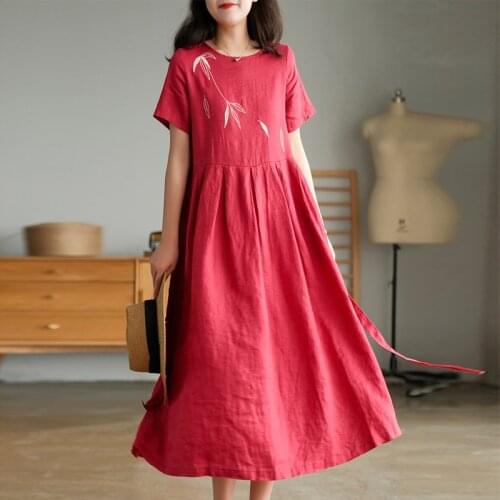 Johnature Women Linen Dress O-Neck Short Sleeve Belt Korean Style Clothing 2021 Summer New Casual Comfortable Soft Dresses