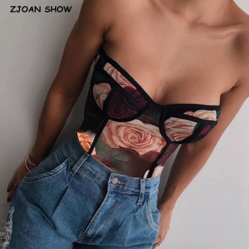 2021 Summer Sexy Big Flower Print Mesh Spaghetti Strap Bodysuit Woman Tube Top Short Jumpsuit Slim fit Rompers Playsuits