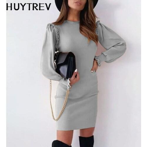 2021 Autumn Knitted Ladies Slim Mini Dress Elegant Fashion Ruffled Long Sleeve Bodycon Dresses For Woman 2021winter Robe Femme