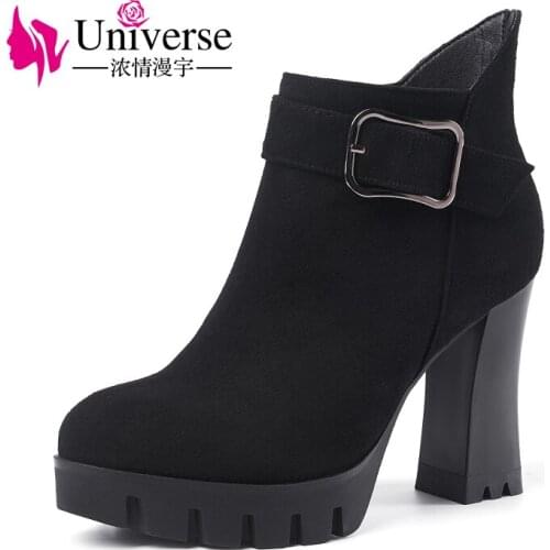 Universe Western Style ZipperWinter Shoes Women Square High Heel Black Ankle Boots Women Concise Fashion Boots G311