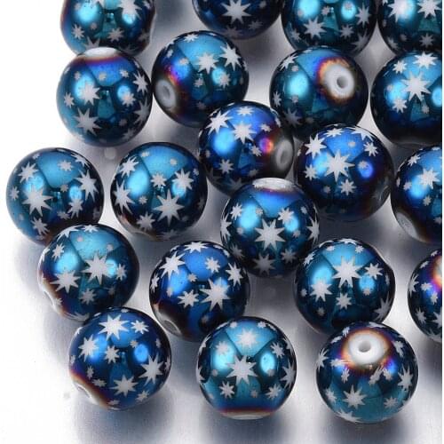 20pcs Christmas Theme Electroplate Glass Beads 10mm Round with Star Pattern for Christmas Jewelry making Decor,Hole: 1.2mm