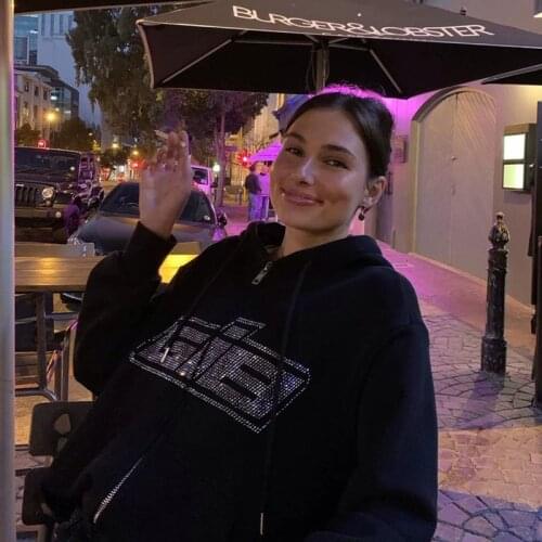 2021 E-girl Letter Rhinestone Zipper Oversized Hoodies Black 90s Fashion Vintage Long Sleeve Harajuku Sweatshirts Autumn Casual