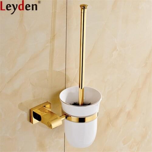 Leyden Toilet Brush Holder Gold Brass Wall Mounted Durable Single Brush Glass cup Holders Bathroom Hardware Accessories